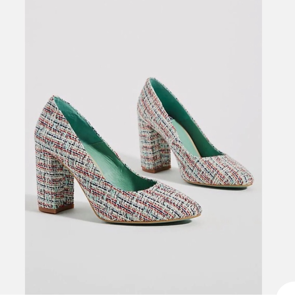 Anthropologie Multicolor Tweed Block Heels with Teal Lining